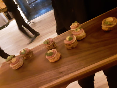 Wooden Tray of Pastrami Appetizer by Riviera Caterers at New York City event.