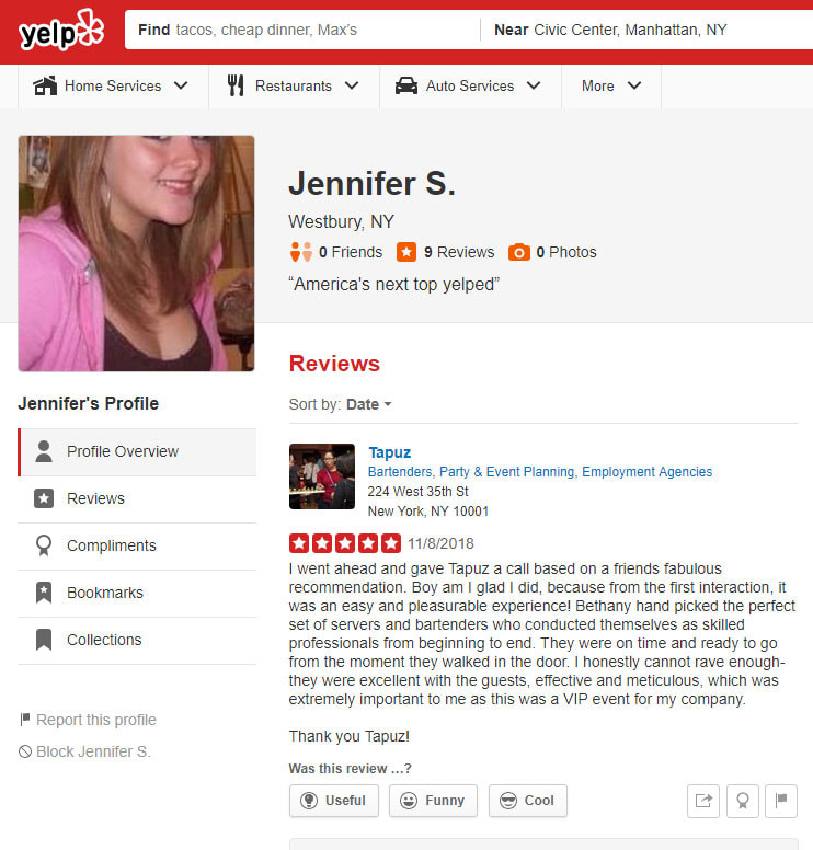 5-Star Yelp positive review about Tapuz, Inc. event staffing.